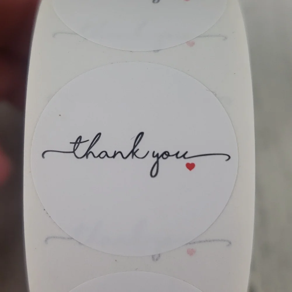 1 roll of 500 white Thank You stickers black cursive red heart